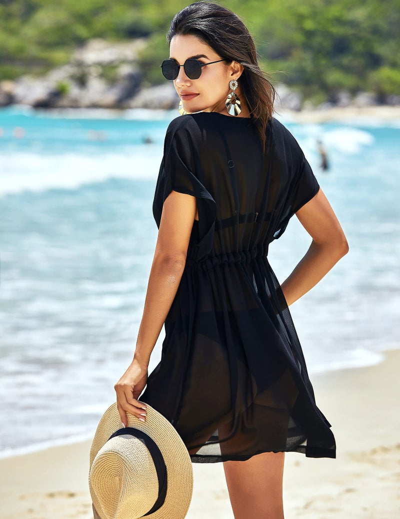 Avidlove Swimsuit Coverups for Women Beach Chiffon Swimwear Cover Up Sheer Sexy V-Neck Beachwear Outfits A Black - Image 3
